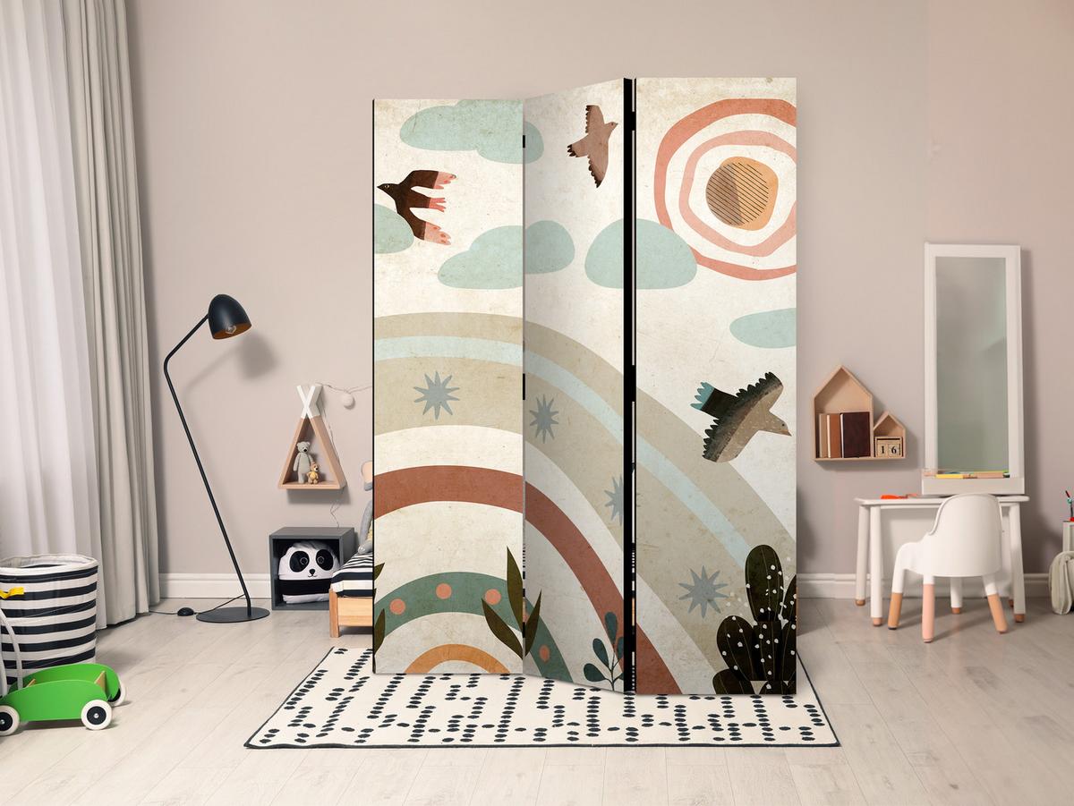 PARAVENT Einseitig Bedruckter 3-tlg 135x172 cm Regenbogen V gel Boho - Multicolor, Holz/Textil (135/172/3cm) - Muralo