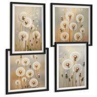 BILDER SET 4er Set - 50x50 cm & 40x60 cm Schwarzer Rahmen - Weiße Löwenzahnblüten auf hellem Hintergrund - Schwarz, Kunststoff (50/50cm) - TULUP