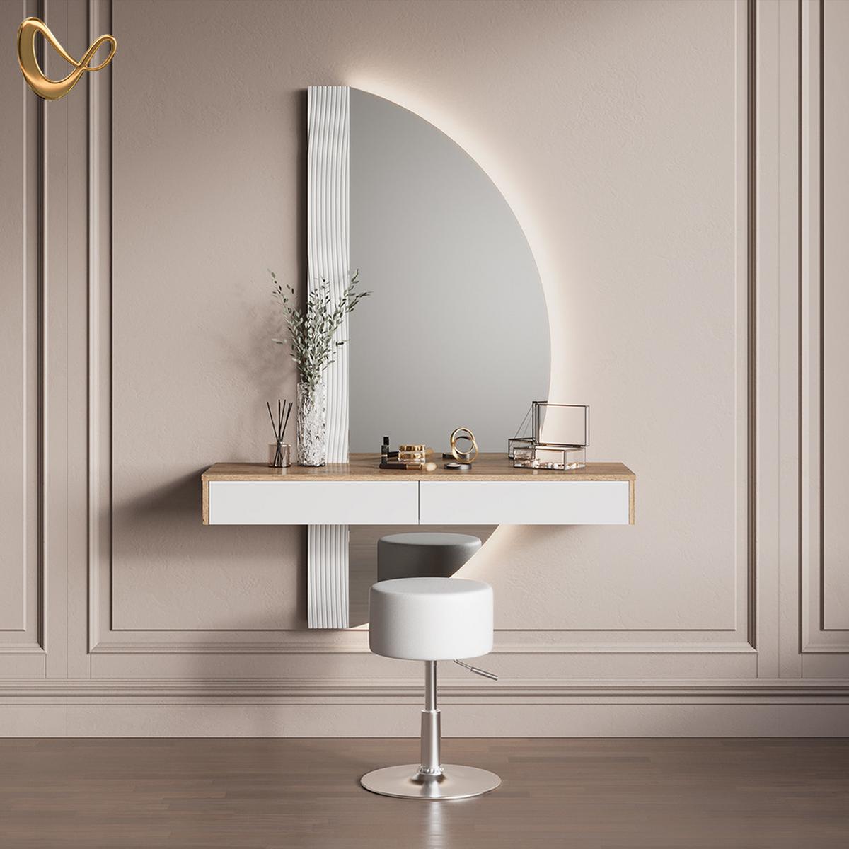 SCHMINKTISCH Ascona Weiß mit LED Beleuchtung und Hocker - Weiß, Holzwerkstoff (120/161.1/40cm) - Livinity®