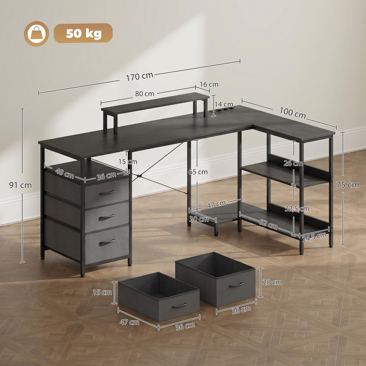 L-FÖRMIGER-SCHREIBTISCH Spanplatte Stahl Schwarz - Schwarz, Holzwerkstoff/Textil (170/100/91cm) - HOMCOM