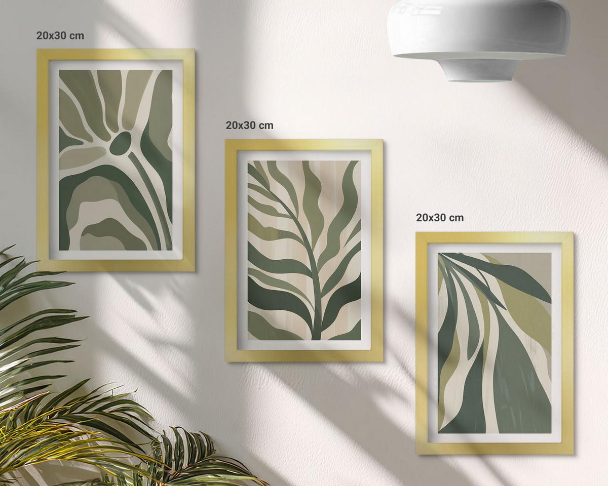BILDER SET 3er Set - 20x30 cm Goldrahmen - Illustrationen gemalter grüner Blätter - Goldfarben, Kunststoff (20/30cm) - TULUP