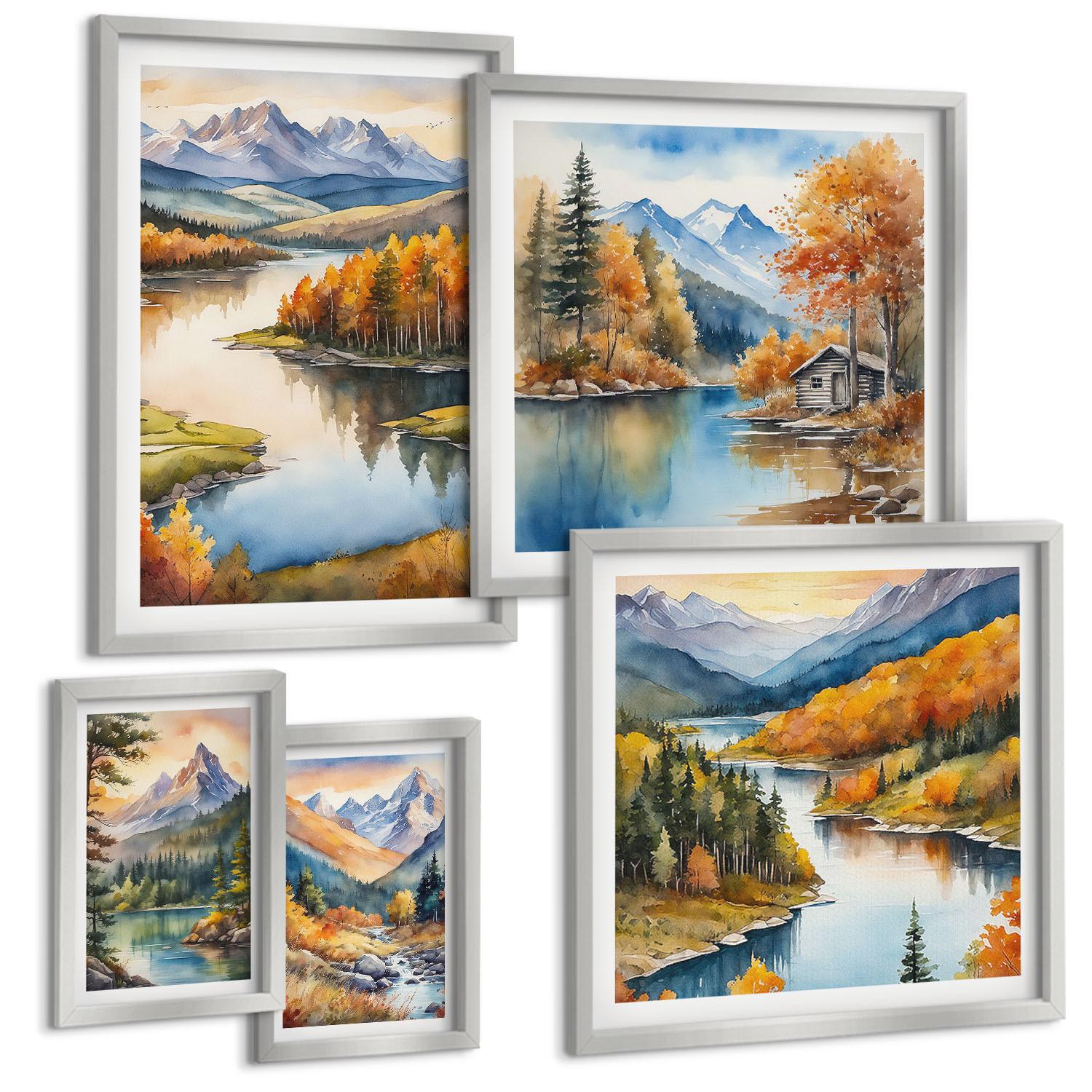 BILDER SET 5er Set - 50x50 cm & 20x30 cm & 40x60 cm Silberner Rahmen - Berglandschaft mit einem Fluss - Silberfarben, Kunststoff (40/60cm) - TULUP