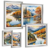 BILDER SET 5er Set - 50x50 cm & 20x30 cm & 40x60 cm Silberner Rahmen - Berglandschaft mit einem Fluss - Silberfarben, Kunststoff (40/60cm) - TULUP