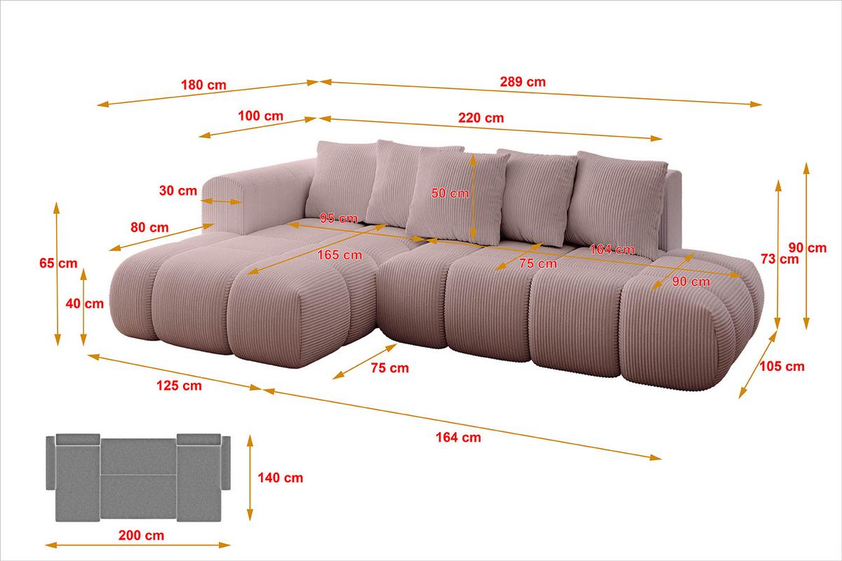 ECKSOFA Ottomane Links CLOUD-L-v1 280x185x90 Rosa Cord - Rosa, Holzwerkstoff/Kunststoff (180/289cm) - ALTDECOR