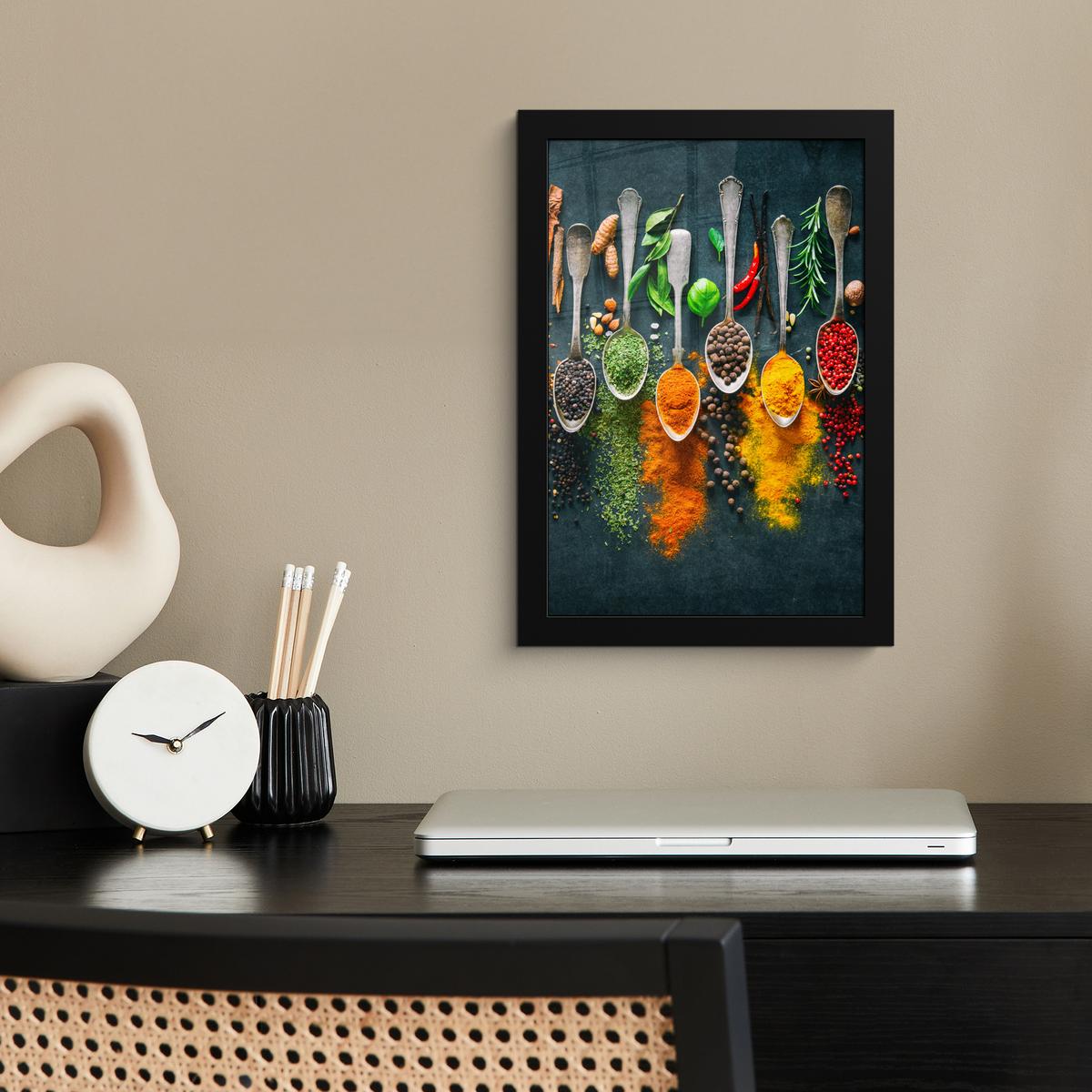 POSTER MIT RAHMENGERAHMTES BILD Kräuter - Gewürze - Löffel Poster 20x30 cm - Currygelb, Papier (20/30cm) - MuchoWow