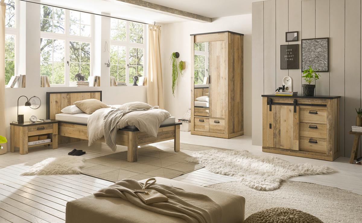 BETT Used Wood hell, dunkles Grau, Einzelbett Liegefläche 90 x 200 cm - Dunkelgrau/Naturfarben, Holzwerkstoff/Metall (90/200cm) - Furn.Design