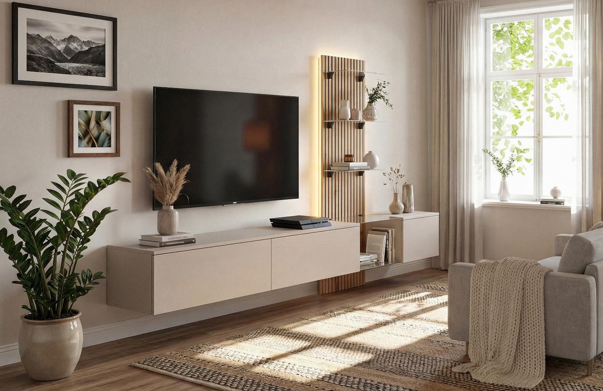 WOHNWAND Grau Lehm, Evoke Eiche 220 cm hängend, Schrankwand mit LED und Push-to-Open - Eichefarben/Hellgrau, Glas/Holzwerkstoff (220/150/40cm) - Inn.Furn