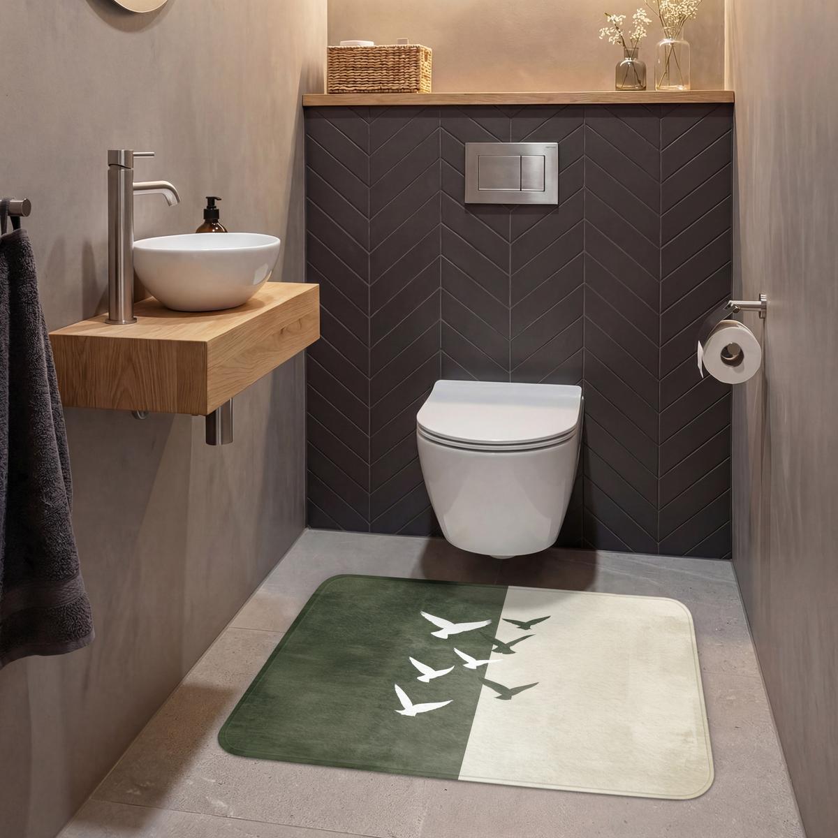 WC-VORLEGER Japandi - Vogel - Grün Toilettenteppich 90x60 cm - Olivgrün, Textil (90/1cm) - OnlyWow