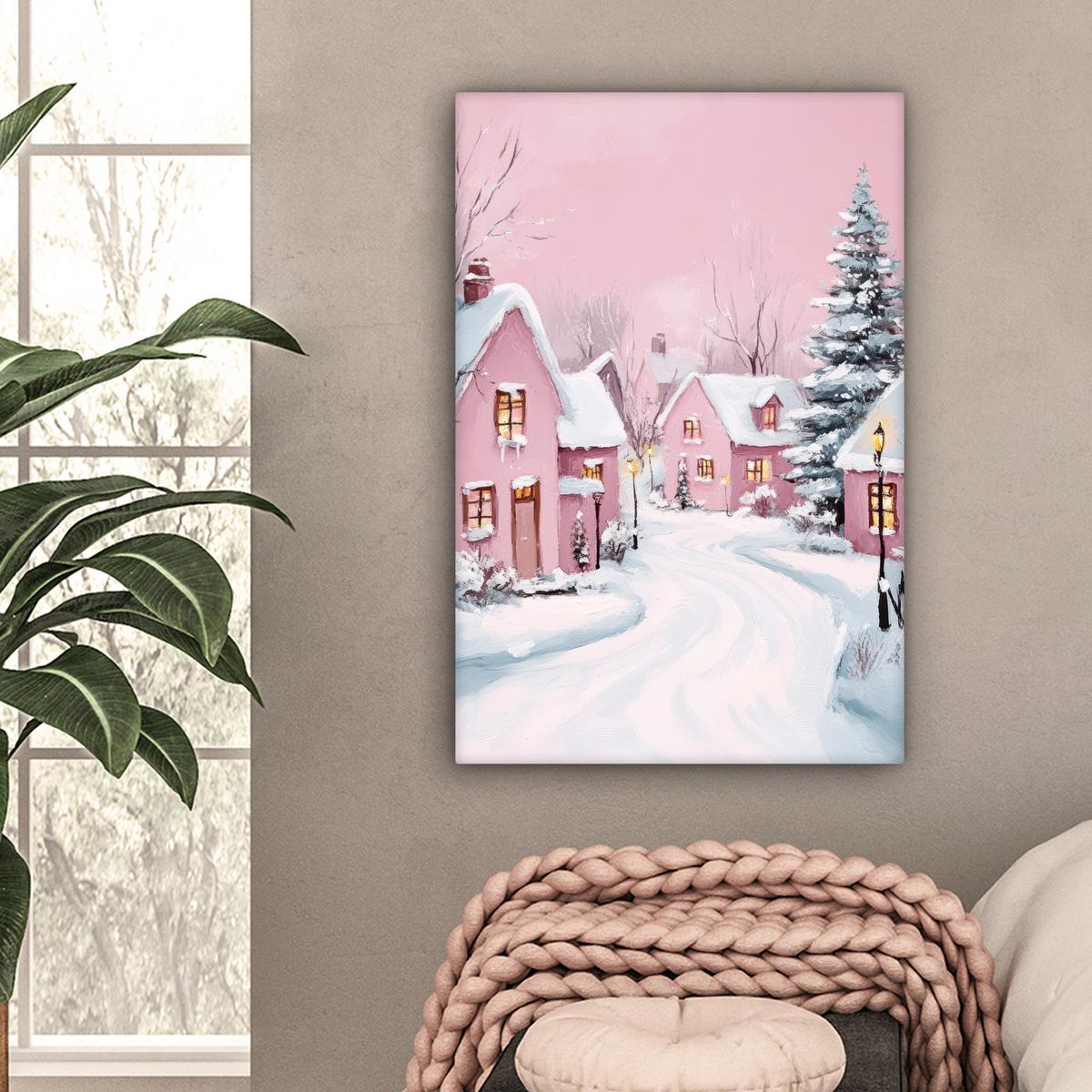 LEINWANDBILD Weihnachtsdorf - Rosa - Winter - Schnee - Häuser Wanddeko Schlafzimmer 60x90 cm - Altrosa, Textil (60/90cm) - MuchoWow