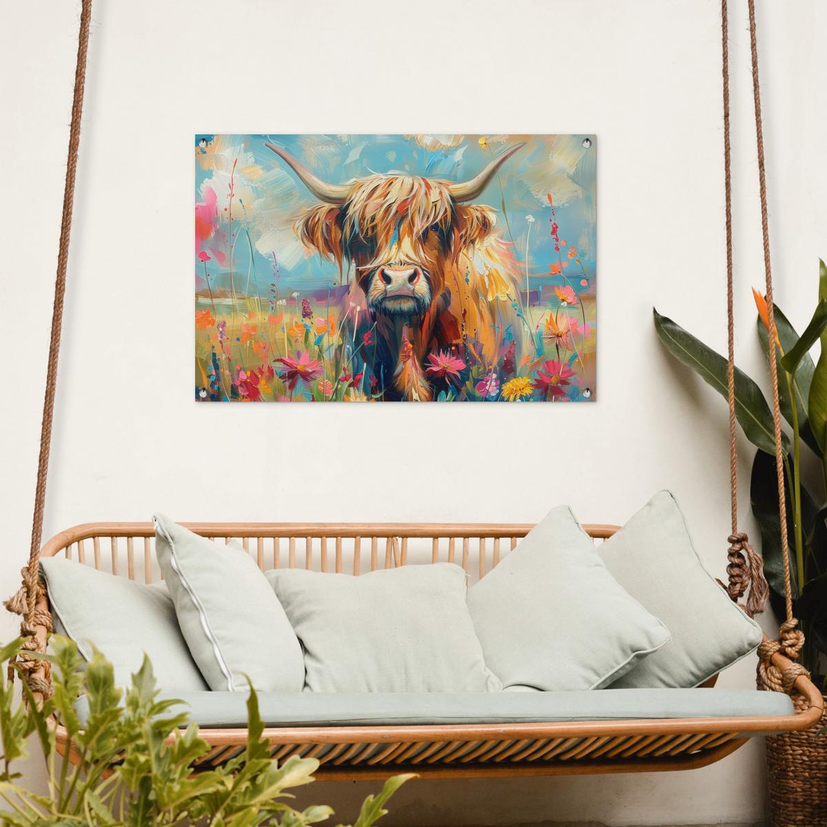 GARTENPOSTER Schottische Hochländer - Natur - Farbenfroh - Blumen Gartendeko 90x60 cm - Hellblau, Kunststoff (90/60/0.2cm) - OnlyWow