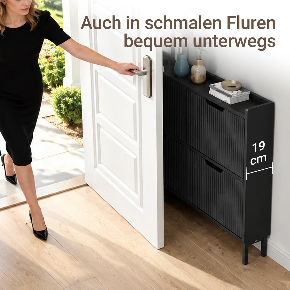 SCHUHSCHRANK schmal, nur 19 cm tief, 100x19x91 cm, schwarz, 4 Klappen, bis EU 46, modern, für Flur & Diele - Schwarz, Holzwerkstoff/Metall (100/91/19cm) - SoBuy