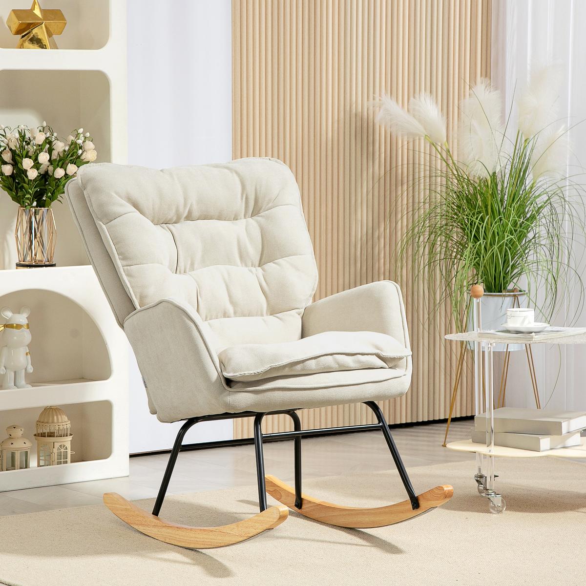 SCHAUKELSTUHL Schwingsessel Armlehnsessel mit Chenilleoptik für Schlafzimmer - Beige/Naturfarben, Holz/Textil (98.5/97/71cm) - HOMCOM