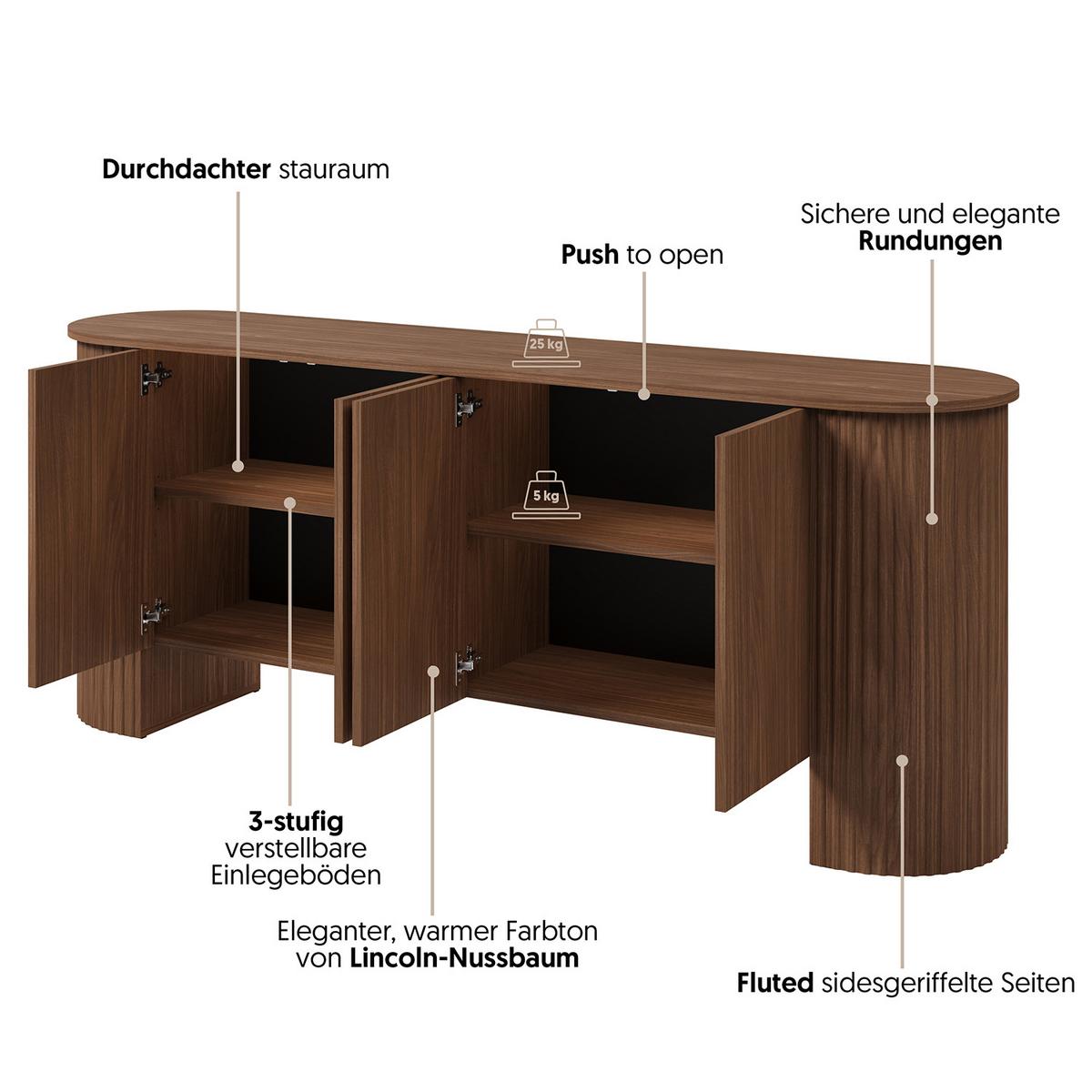 KOMMODE Carlo mit 1 Tür und 3 Schubladen, Push-To-Open, 200 cm, Walnuss - Walnussfarben, Holzwerkstoff (200/80/45cm) - Beautysofa