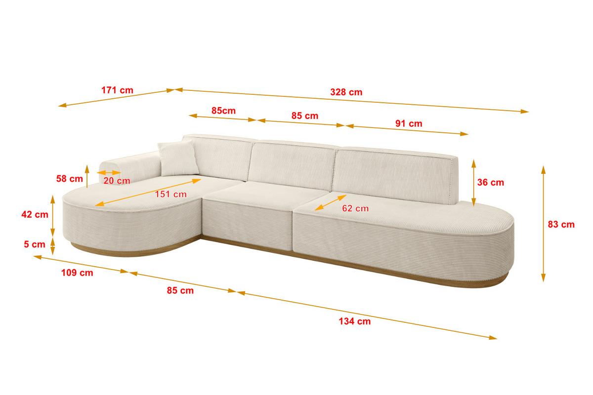 ECKSOFA Ottomane Links MARI-L2-v2 - 328x171x83 cm Beige Cord - Beige, Holzwerkstoff/Textil (328/171cm) - ALTDECOR