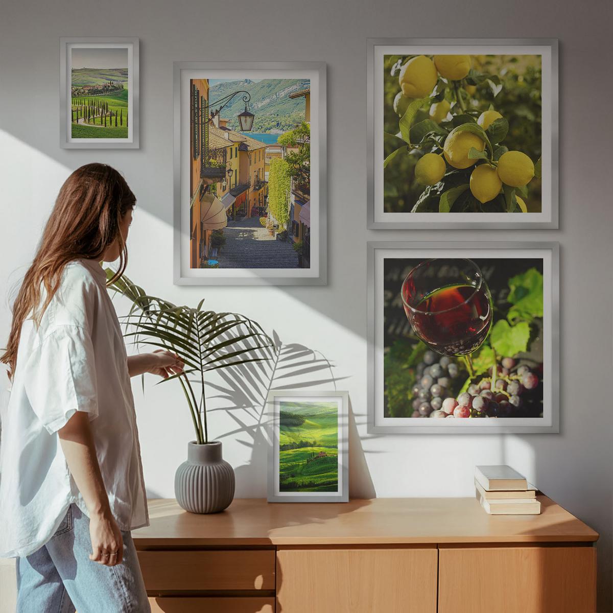 BILDER SET 5er Set - 50x50 cm & 20x30 cm & 40x60 cm Silberner Rahmen - Italienische Landschaften, Zitrushügel - Silberfarben, Kunststoff (40/60cm) - TULUP