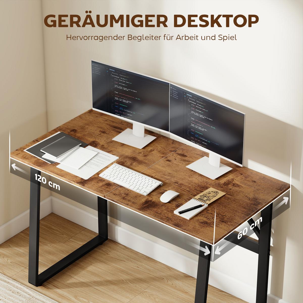 SCHREIBTISCH Spanplatte Stahl Rustikal-Braun - Schwarz/Braun, Holzwerkstoff/Metall (120/60/76cm) - HOMCOM