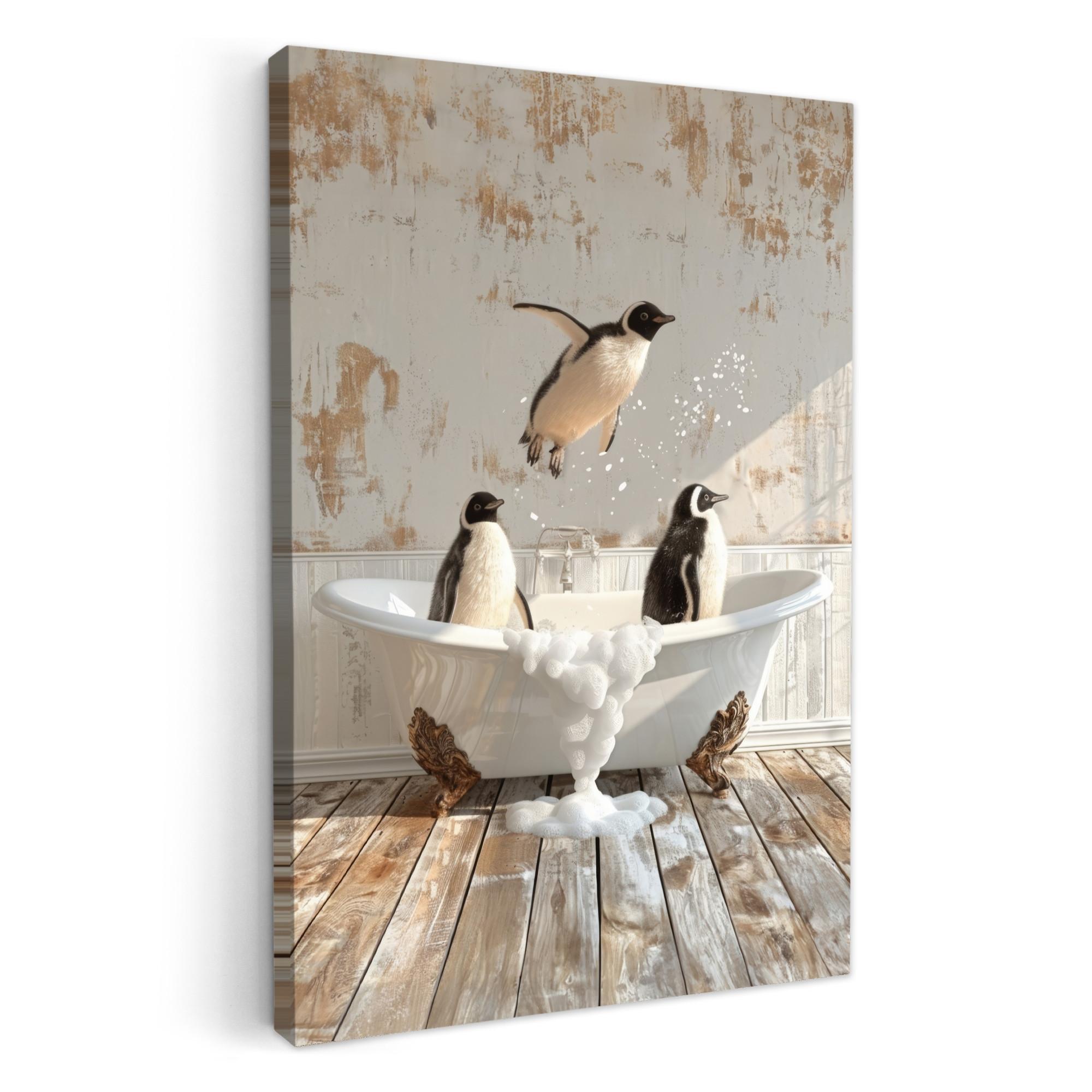 LEINWANDBILD Vintage - Pinguin - Badewanne - Schaumstoff Deko Wohnzimmer 20x30 cm - Schwarz, Textil (20/30cm) - MuchoWow