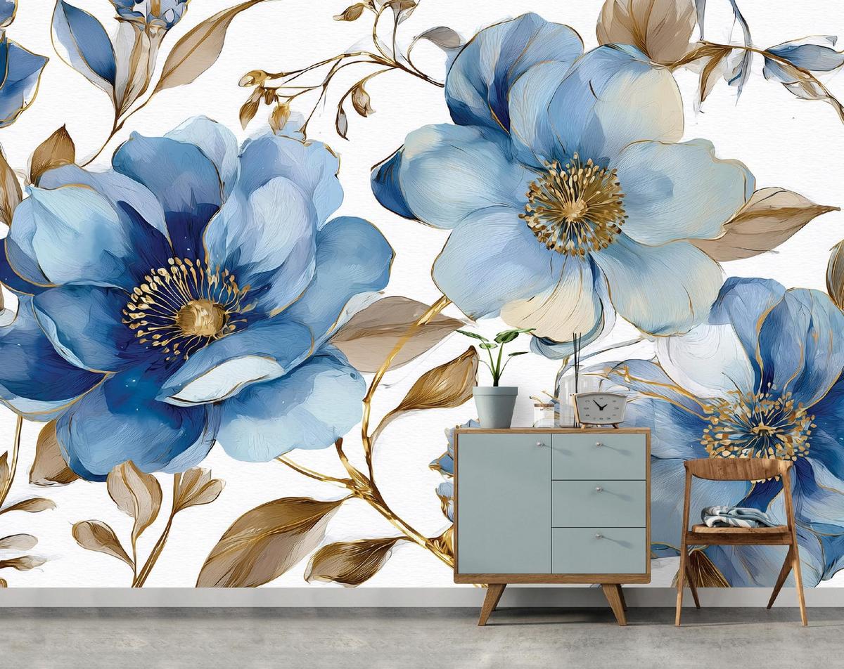 FOTOTAPETE Blumen Blätter Blau 250x175 cm - Multicolor, Papier (250/175cm) - Wallarena