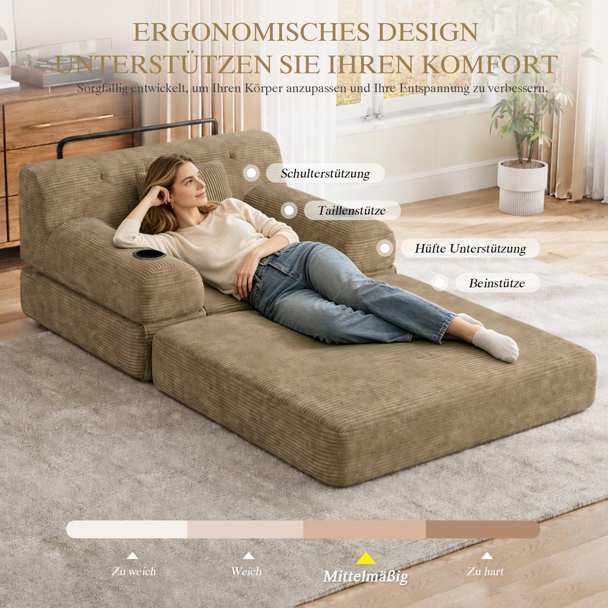 SCHLAFSOFA Cord mit Schlaffunktion, Getränkehalter & Taschen - Sandfarben, Textil (107/81/80cm) - Urban Meuble