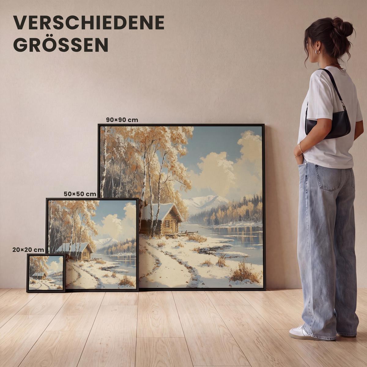 LEINWAND Bilder mit Rahmen - Winter - Schnee - Zuhause - Natur - 20x20 - Hellbraun, Textil (20/20cm) - MuchoWow