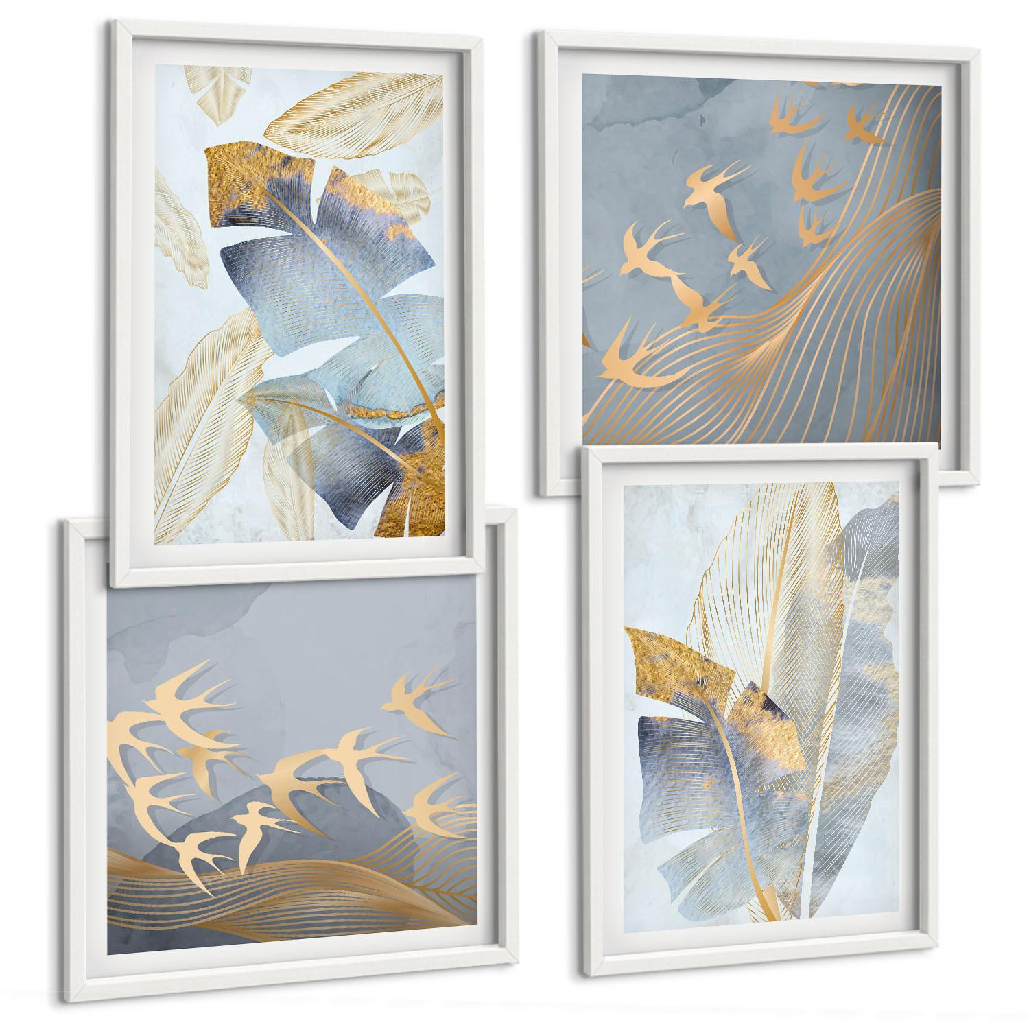 BILDER SET 4er Set - 50x50 cm & 40x60 cm Weißer Rahmen - Blaubeige Blätter im Hintergrund - Weiß, Kunststoff (50/50cm) - TULUP
