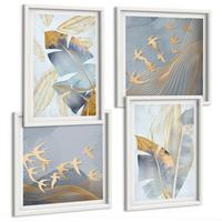 BILDER SET 4er Set - 50x50 cm & 40x60 cm Weißer Rahmen - Blaubeige Blätter im Hintergrund - Weiß, Kunststoff (50/50cm) - TULUP
