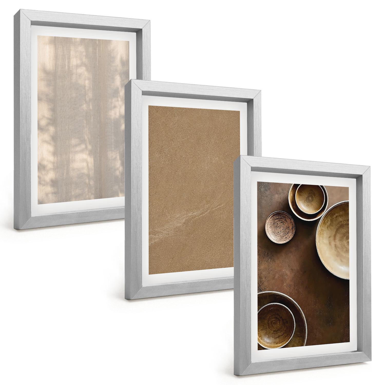 BILDER SET 3er Set - 20x30 cm Silberner Rahmen - Minimalistische Texturstrukturen - Silberfarben, Kunststoff (20/30cm) - TULUP