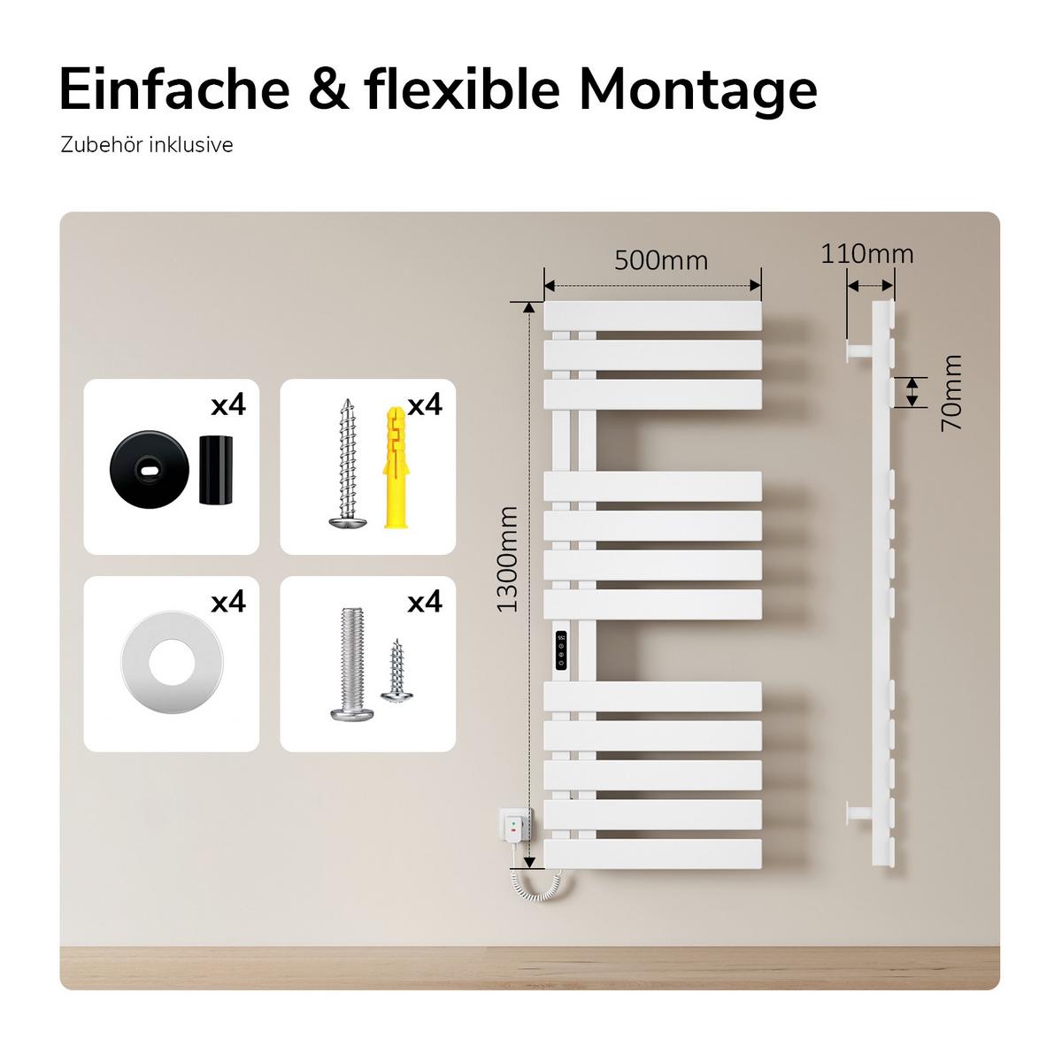 HEIZKÖRPER Elektrisch WLAN Thermostat Weiß 130/50 cm - Weiß, Metall (50/130/11cm) - EMKE