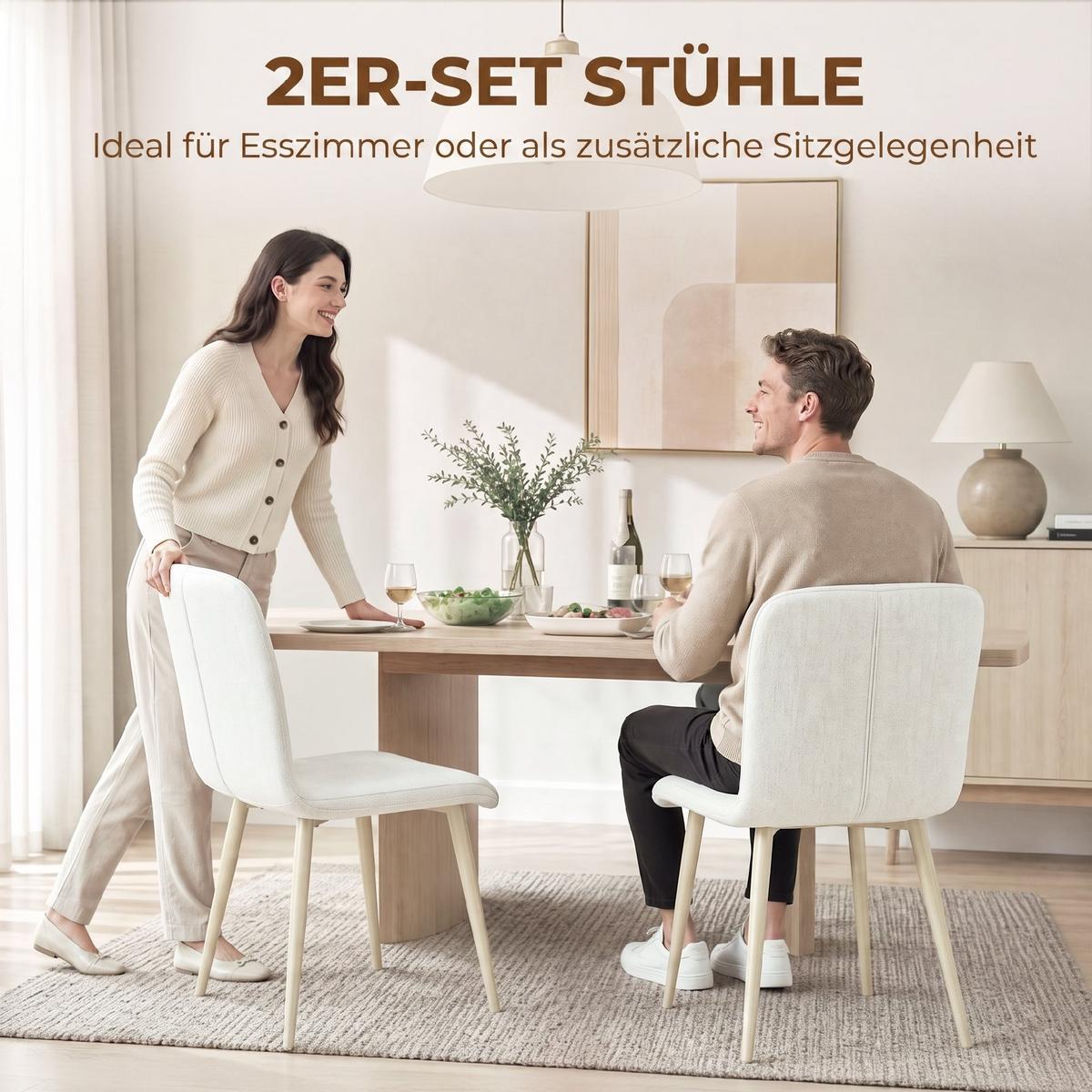 ESSZIMMERSTÜHLE Stoff in Leinenoptik Weiß - Creme, Textil/Metall (57/85/42cm) - HOMCOM