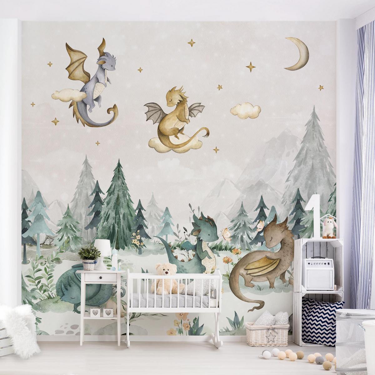 FOTOTAPETE Verträumte Drachen 192/192 cm - Grün, Papier (192/192cm) - Bilderwelten