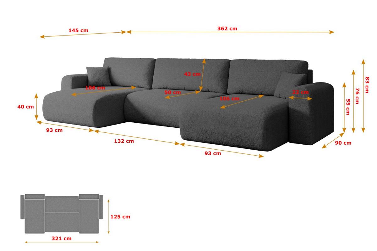 WOHNLANDSCHAFT mit Schlaffunktion und Bettkasten ORRO-U - 362x145x83 cm Grau Bouclé - Schwarz/Grau, Holzwerkstoff/Kunststoff (362/83/145cm) - ALTDECOR