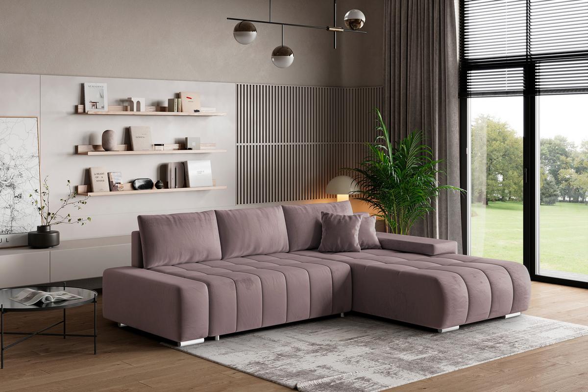 ECKSOFA ALESE R-S Lila Velours-Stoff mit Schlaffunktion - Lila/Silberfarben, Holz/Textil (265/185cm) - MASSENO