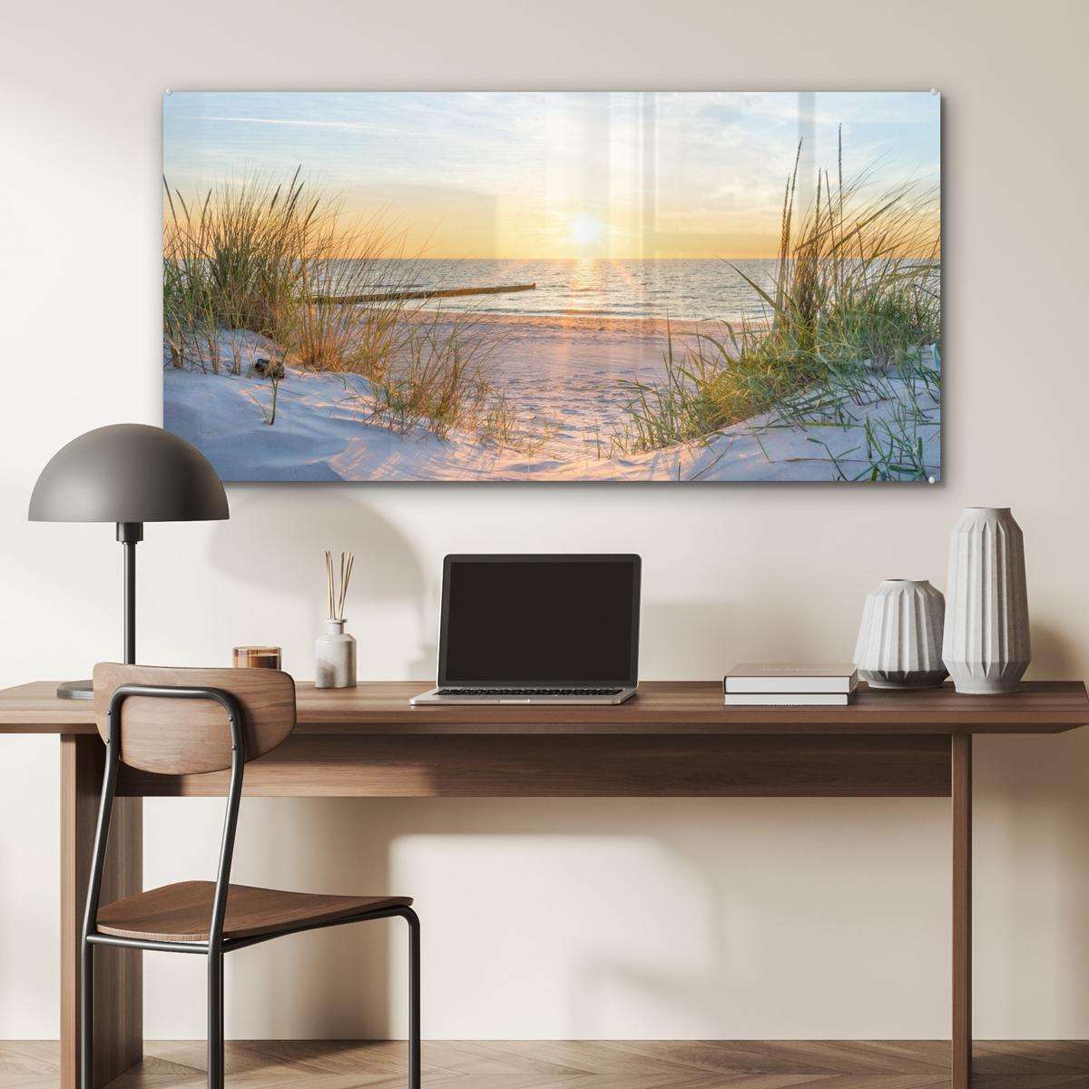 ACRYLGLASBILD Strand - Sonne - Düne - Gras - Sand - Horizont 120x60 cm - Hellblau, Glas (120/60cm) - MuchoWow
