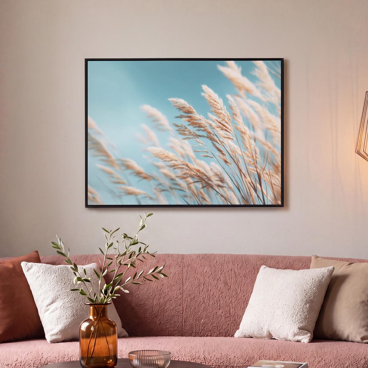 LEINWAND Bilder mit Rahmen - Ziergras - Wind - Hellbraun - 70x50 - Hellblau, Textil (70/50cm) - MuchoWow