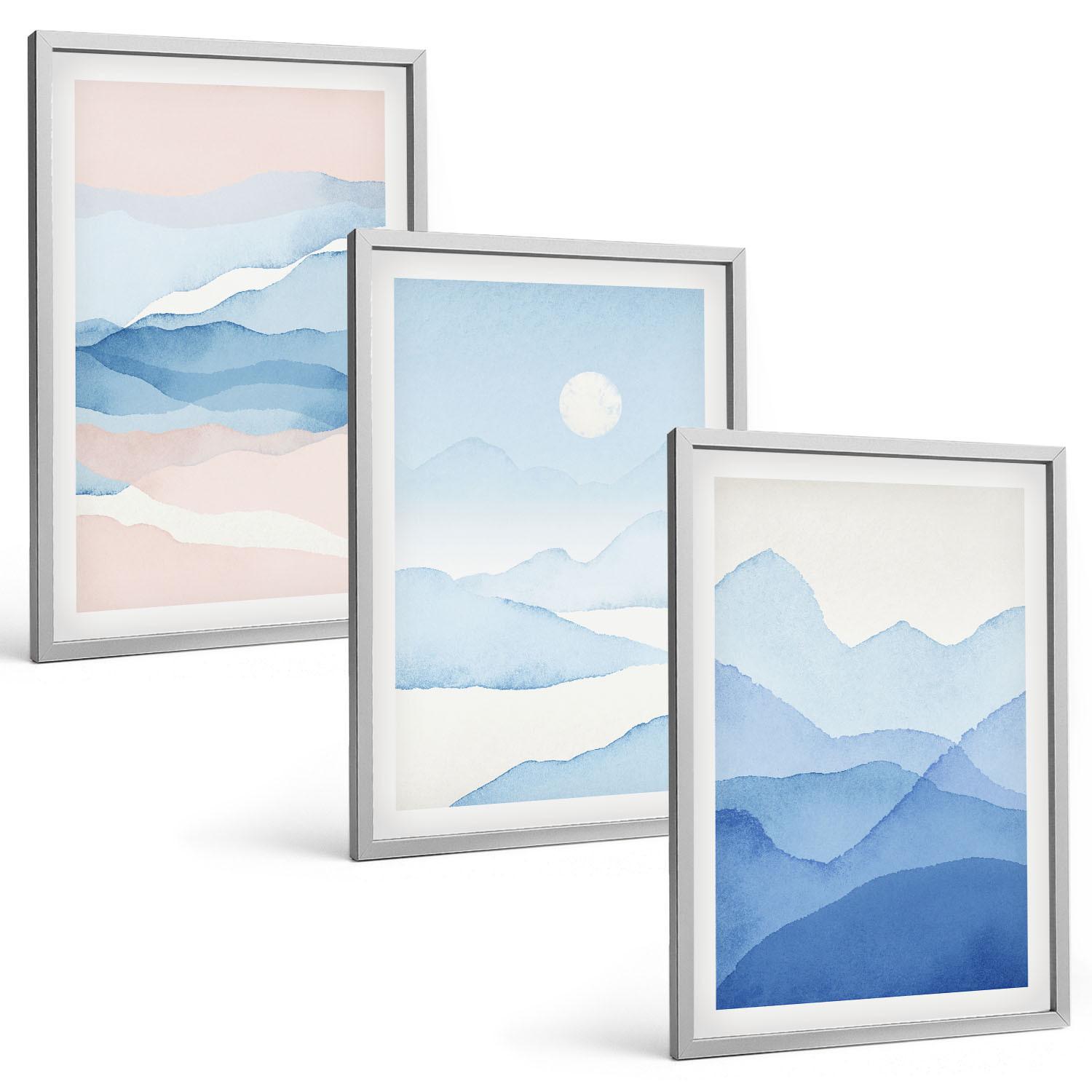 BILDER SET 3er Set - 40x60 cm Silberner Rahmen - Aquarell: Blau-rosa Berge - Silberfarben, Kunststoff (40/60cm) - TULUP