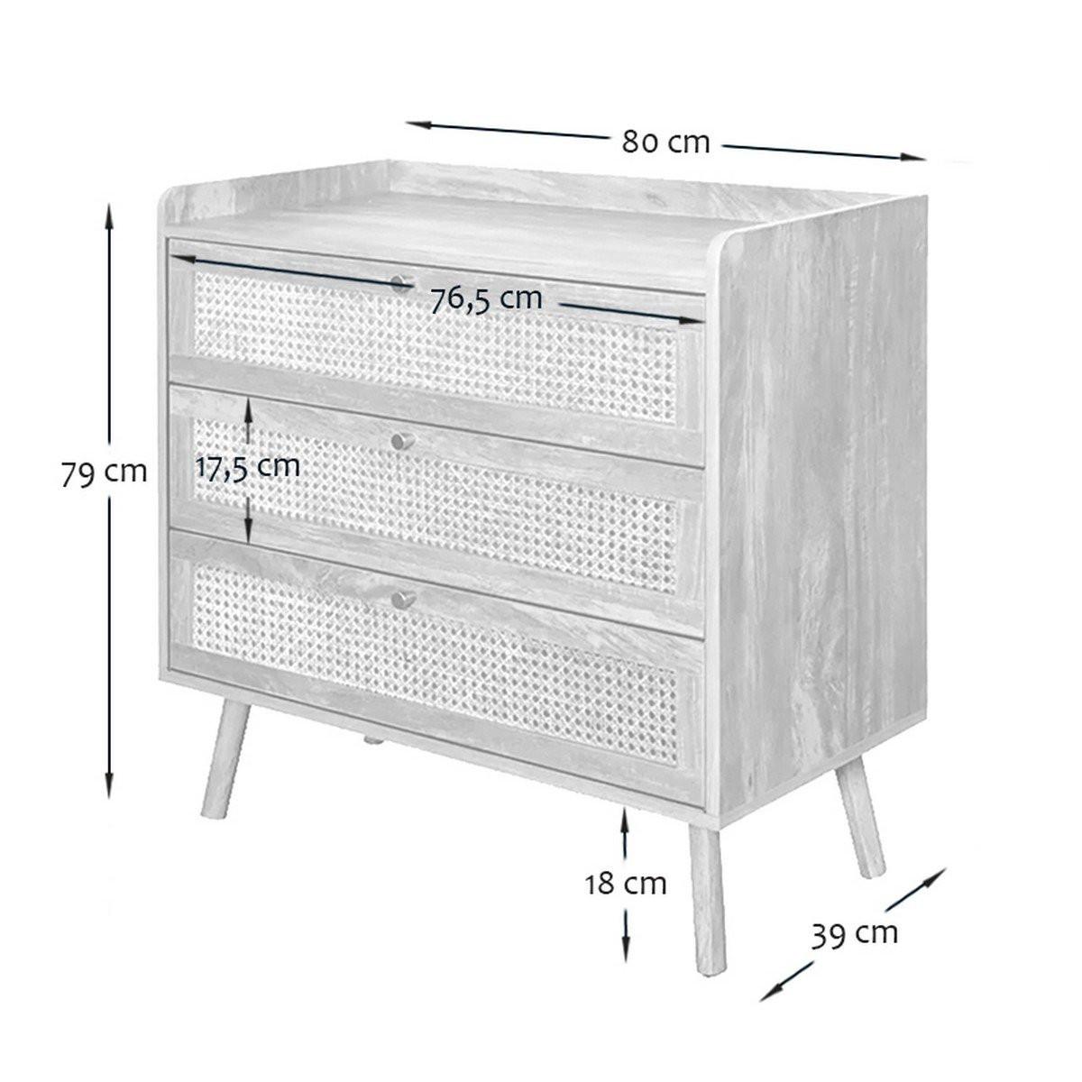 KOMMODE mit 3 schubladen und fronten aus natürlichem rattan - palmo 80/39/79 cm - Apfelbaumfarben, Holzwerkstoff (39/79/80cm) - Calicosy