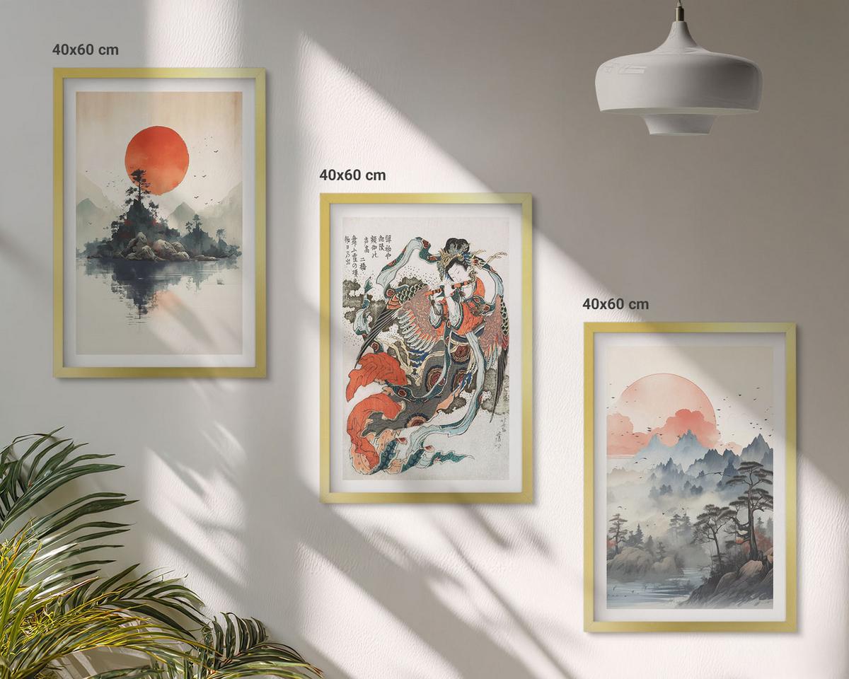 BILDER SET 3er Set - 40x60 cm Goldrahmen - Asiatische Japandi-Malereien - Goldfarben, Kunststoff (40/60cm) - TULUP