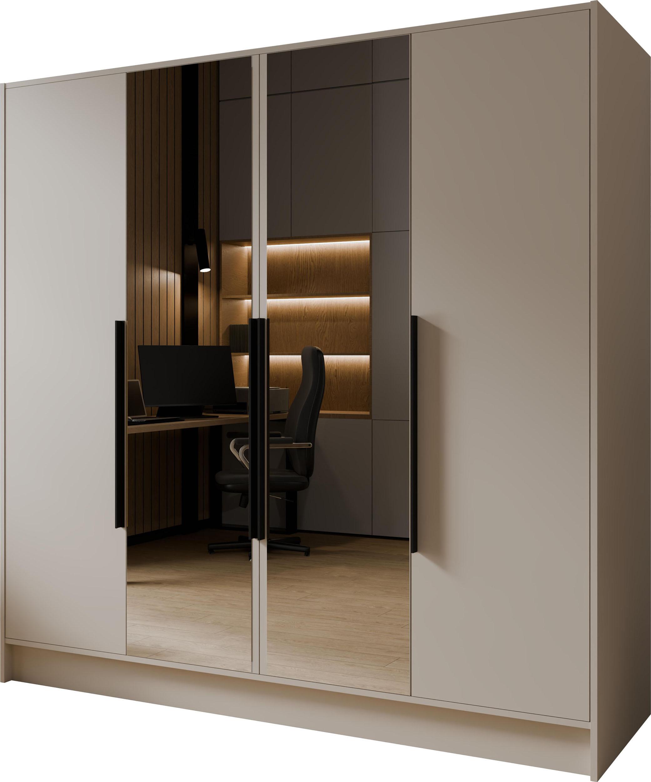KLEIDERSCHRANK Mono Lux mit Speigel, Drehtüren mit Schwarze Metallgriffe, Kaschmir 200/200/51 cm - Kaschmir/Beige, Holzwerkstoff (200/200/51cm) - WFL GROUP