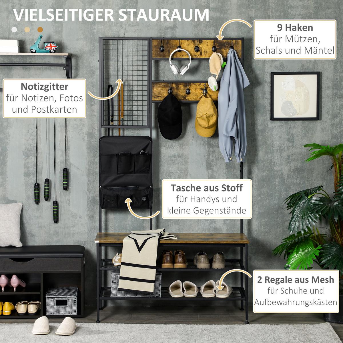 GARDEROBENSTÄNDER, Garderobe, Kleiderständer mit Haken, Schuhregal Stahl Braun - Braun, Metall (40/185/100cm) - HOMCOM
