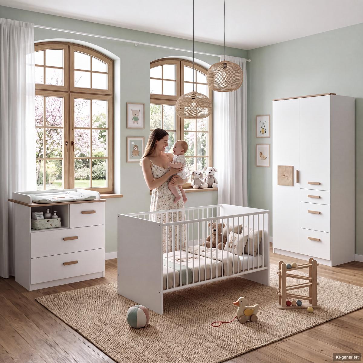 BABYZIMMER-SET 3-tlg.: Babybett & Wickelkommode & Kleiderschrank 2-türig B91/H199/T58 cm, Weiß mit Eiche & Hirnholz Dekor / 22812 - Eichefarben/Weiß, Holzwerkstoff (91/199/58cm) - luma-home