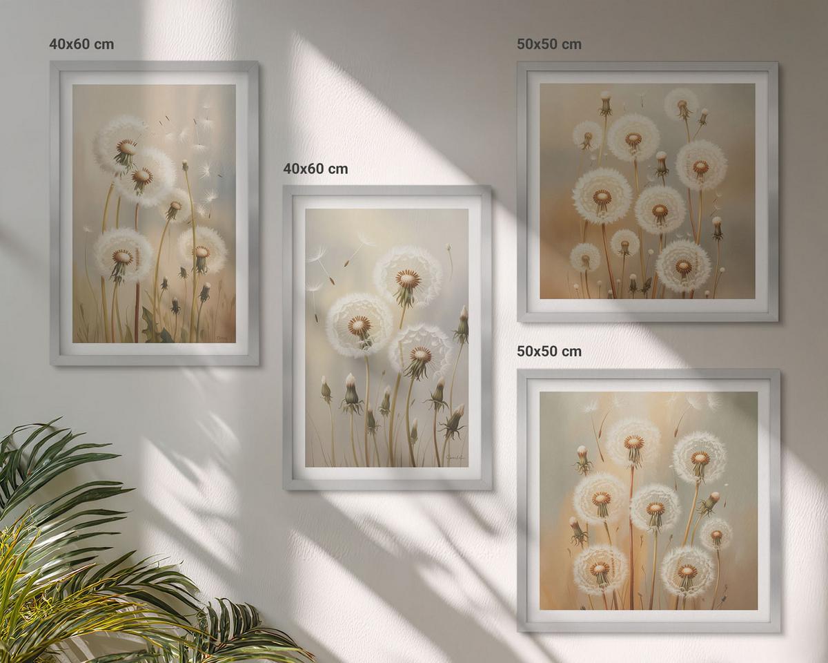 BILDER SET 4er Set - 50x50 cm & 40x60 cm Silberner Rahmen - Weiße Löwenzahnblüten auf hellem Hintergrund - Silberfarben, Kunststoff (50/50cm) - TULUP