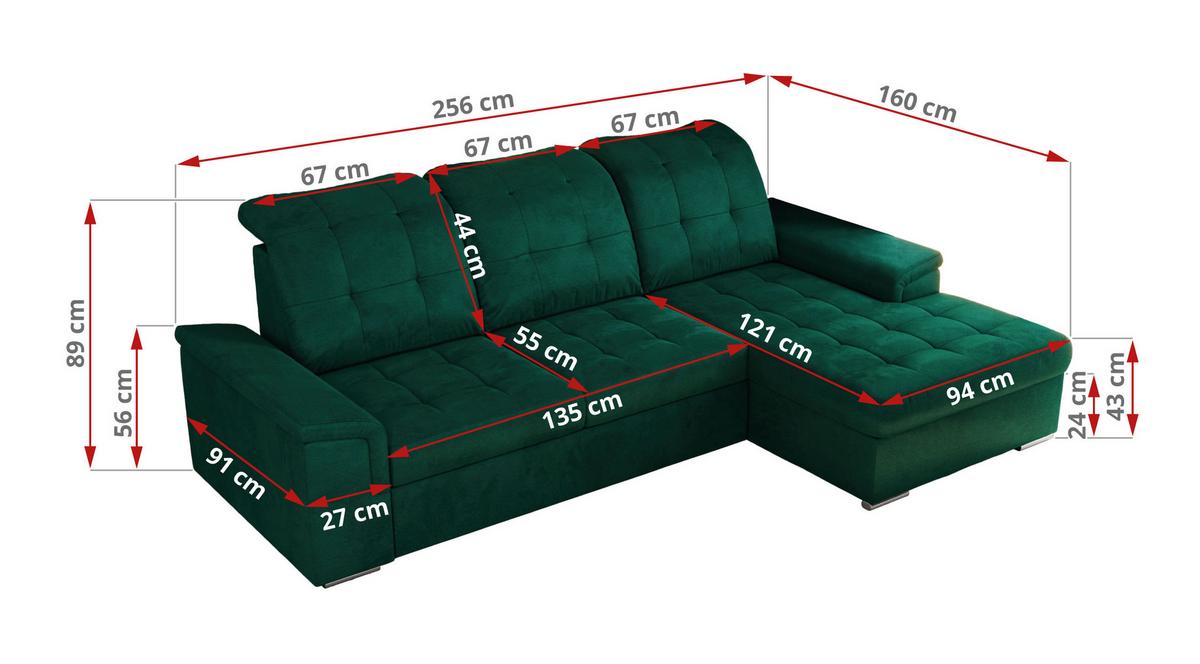 ECKSOFA MADRITO L - Dunkelgrün Velorus - Rechts - Dunkelgrün/Silberfarben, Textil/Metall (256/160cm)