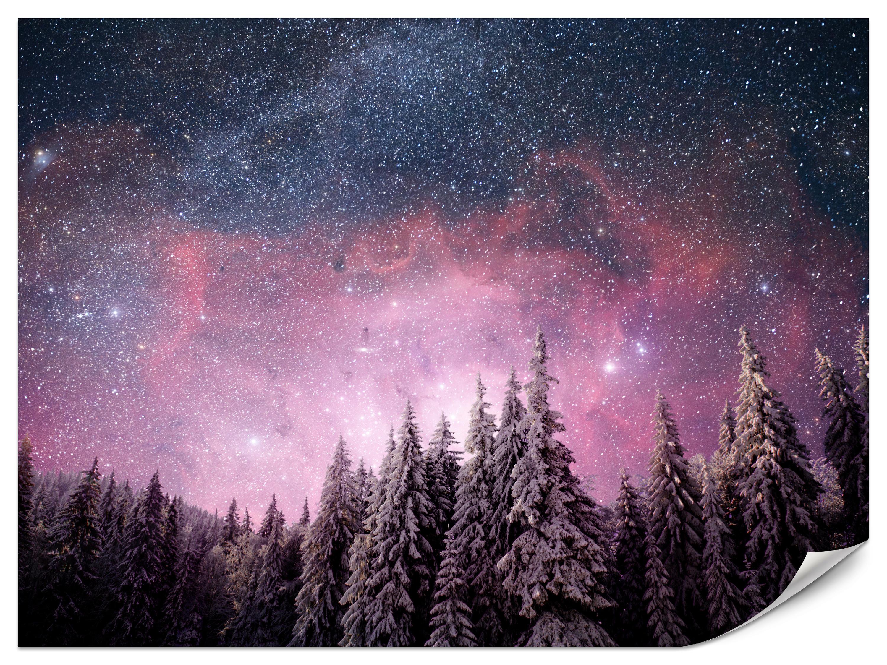 FOTOTAPETE für Schlafzimmer Verzauberter Tannenwald Winter Aurora 350x256 - Violett/Schwarz, Papier (350/256cm) - Muralo
