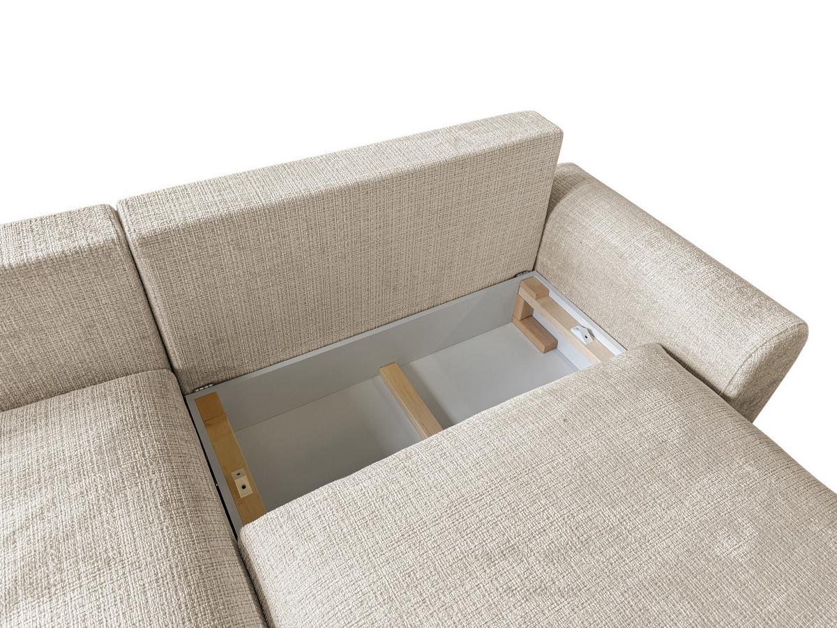ECKSOFA Melvano mit Schlaffunktion und Bettkasten im Japandi-Stil aus weichem Dunkelbeige Chenille-Stoff - Beige/Schwarz, Holz/Kunststoff (145/240cm) - S-Style