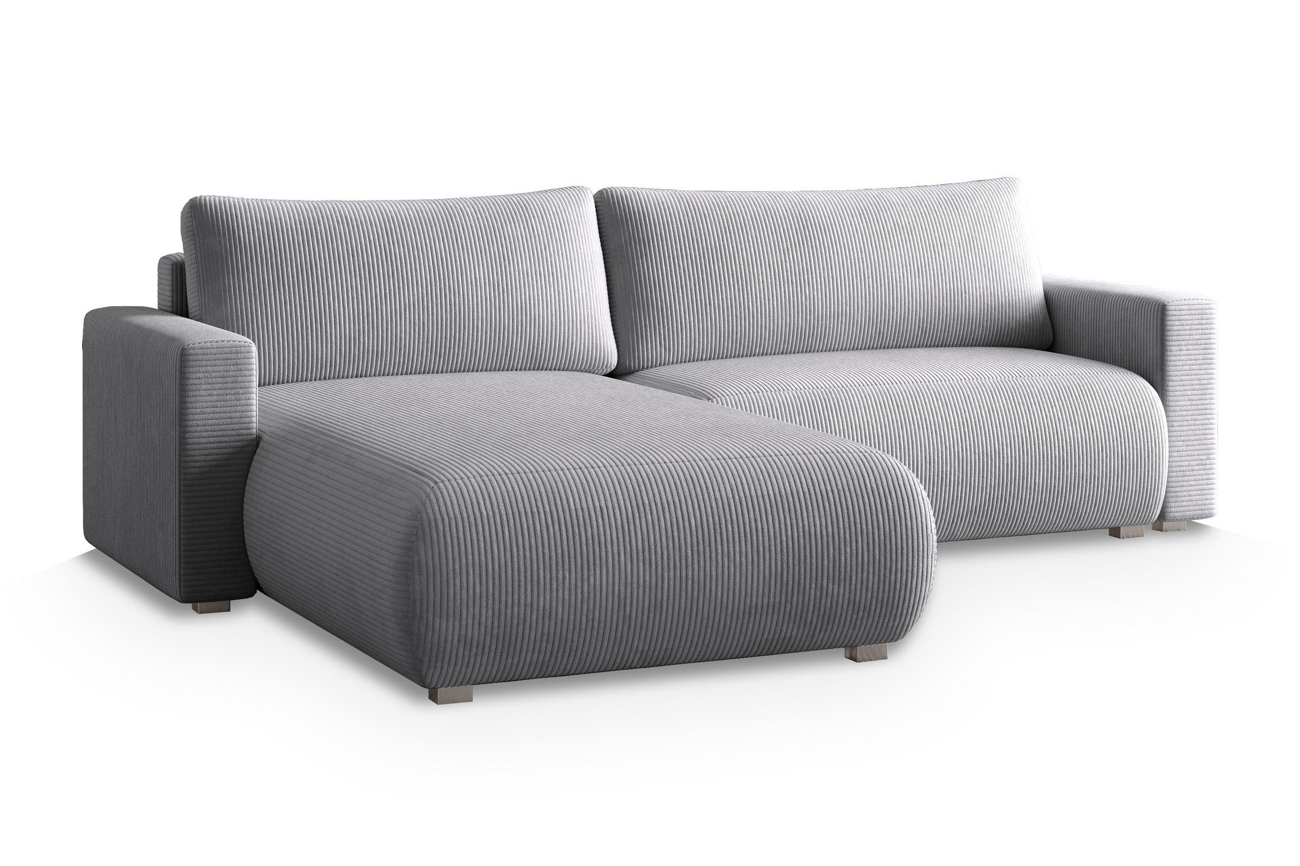 ECKSOFA TURIN P Hellgrau Kordstoff mit Schlaffunktion - Hellgrau/Grau, Holz/Kunststoff (265/183cm) - MASSENO
