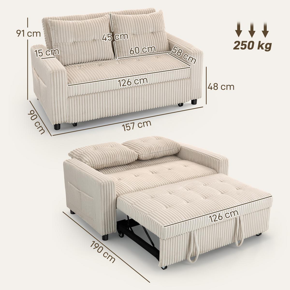 SCHLAFSOFA Polyester Stahl Cremeweiß - Creme/Schwarz, Kunststoff/Textil (90/91/157cm) - HOMCOM