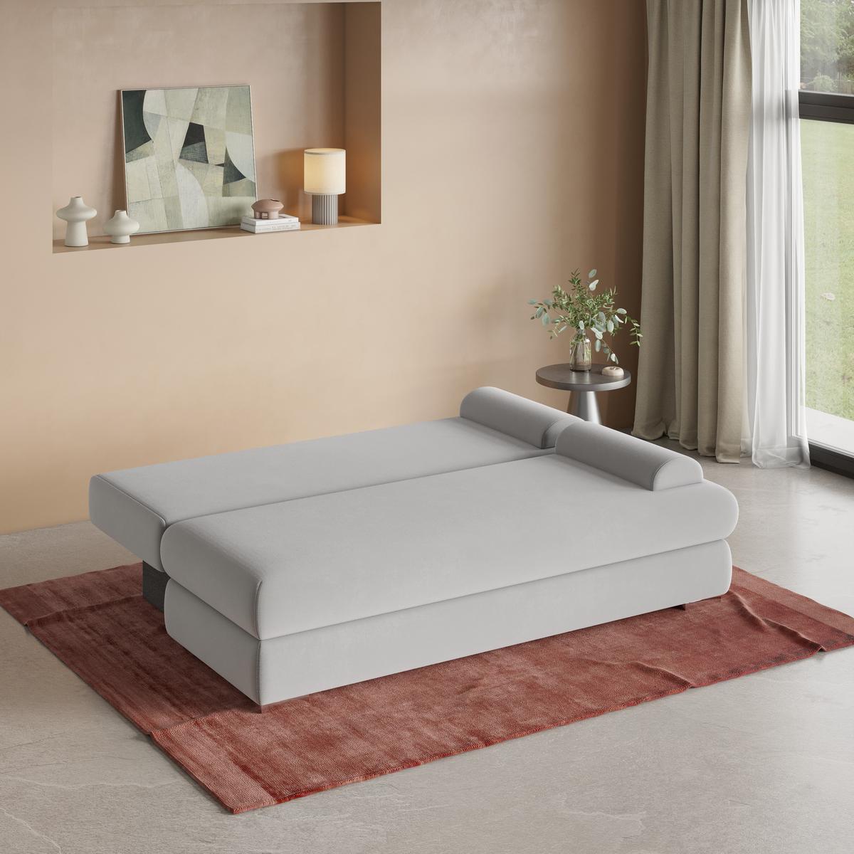 SCHLAFSOFA ASPERO Grau Plüsch-Stoff mit Schlaffunktion - Grau, Holz (200/95/75cm) - MASSENO