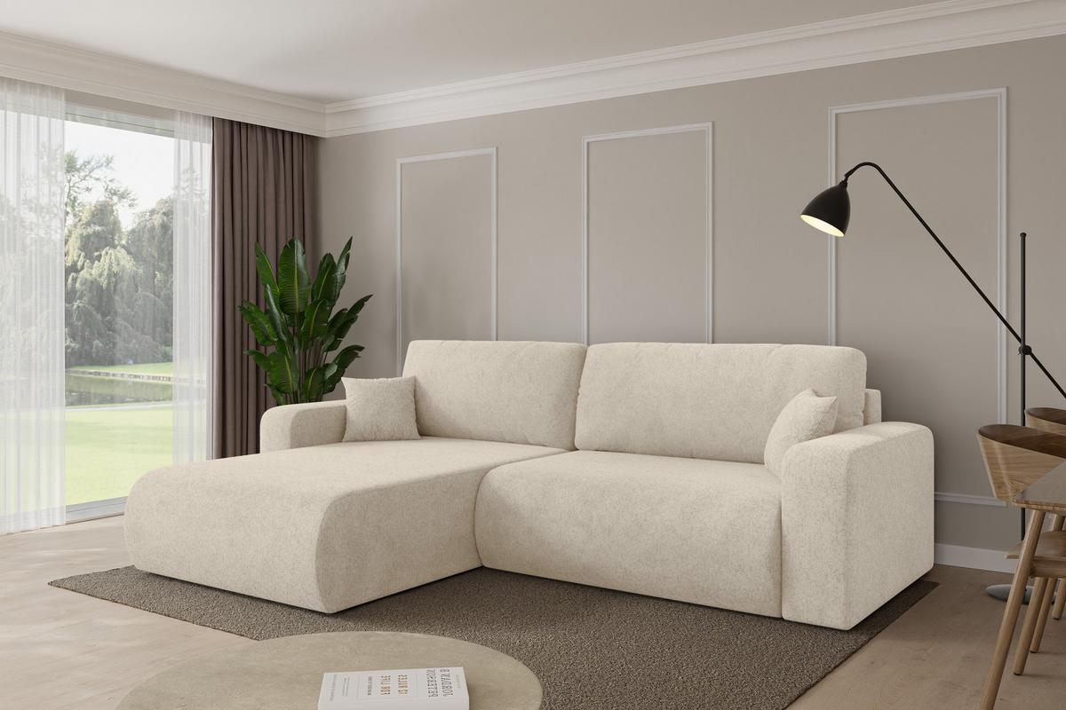 ECKSOFA mit Schlaffunktion Ottomane Links BERY-L 276x193x88 Creme Velours - Creme/Schwarz, Holzwerkstoff/Kunststoff (276/193cm) - ALTDECOR