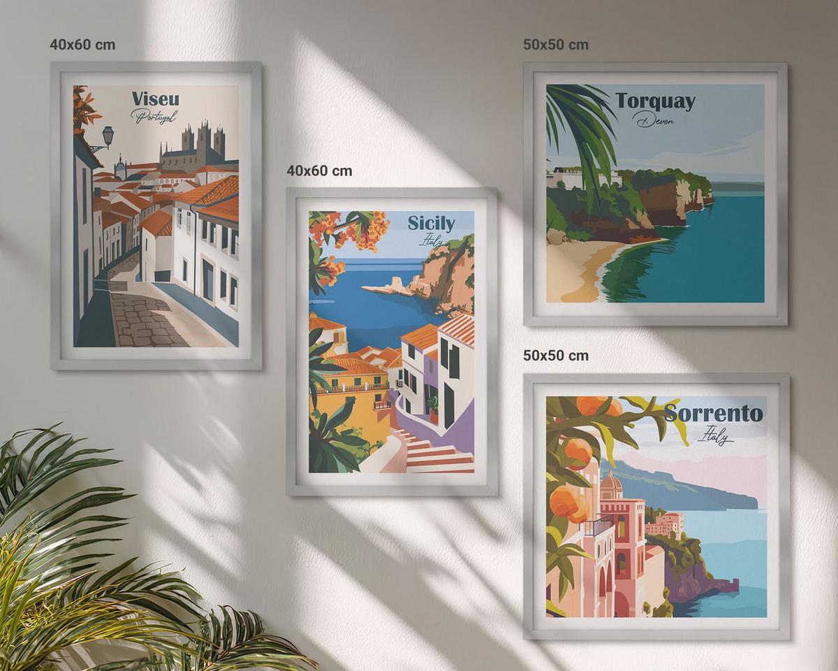 BILDER SET 4er Set - 50x50 cm & 40x60 cm Silberner Rahmen - Retro-Illustrationen von Weltstädten - Silberfarben, Kunststoff (50/50cm) - TULUP