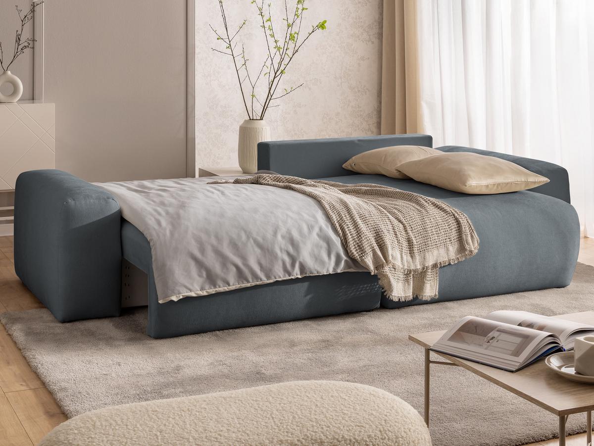 ECKSOFA Puffy mit Schlaffunktion und Bettkasten - besonders weich und puffig aus Dunkelgrau Webstoff - Ottomane rechts - Dunkelgrau/Schwarz, Holz/Kunststoff (266/138cm) - S-Style Möbel